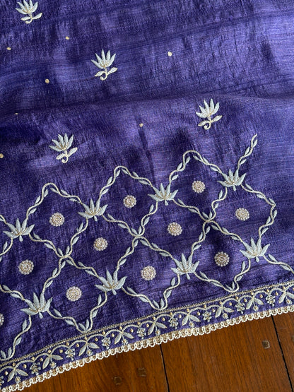 Muted Purple Tussar Kota Chikankari Kurta set fabric