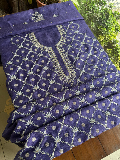 Muted Purple Tussar Kota Chikankari Kurta set fabric