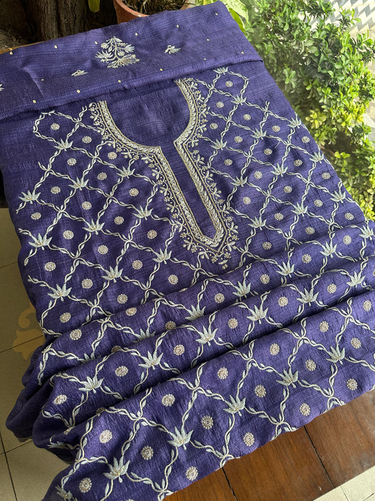 Muted Purple Tussar Kota Chikankari Kurta set fabric