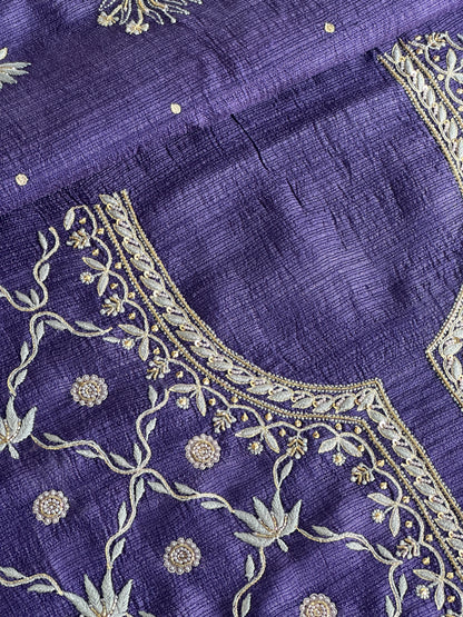 Muted Purple Tussar Kota Chikankari Kurta set fabric