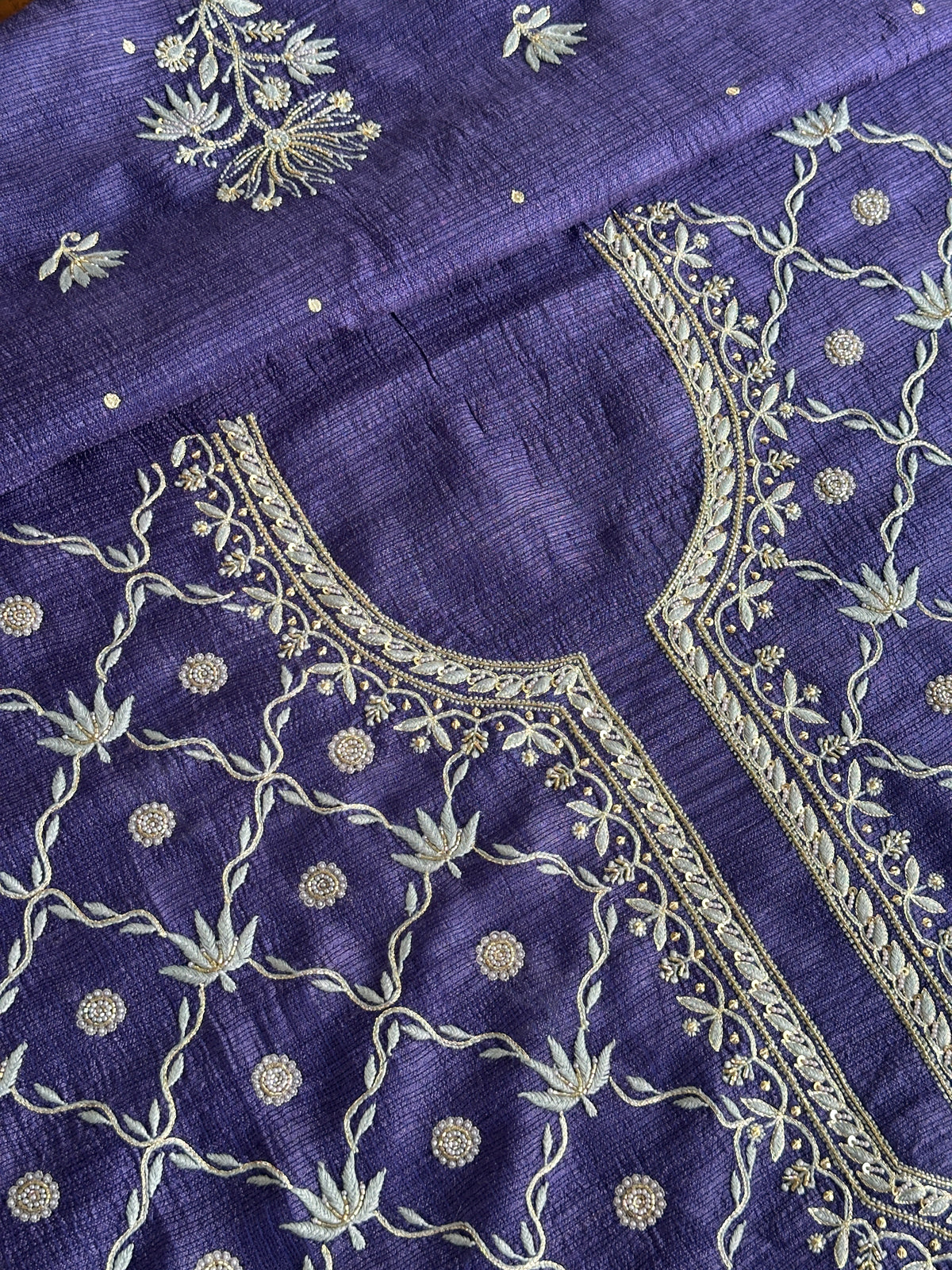 Muted Purple Tussar Kota Chikankari Kurta set fabric