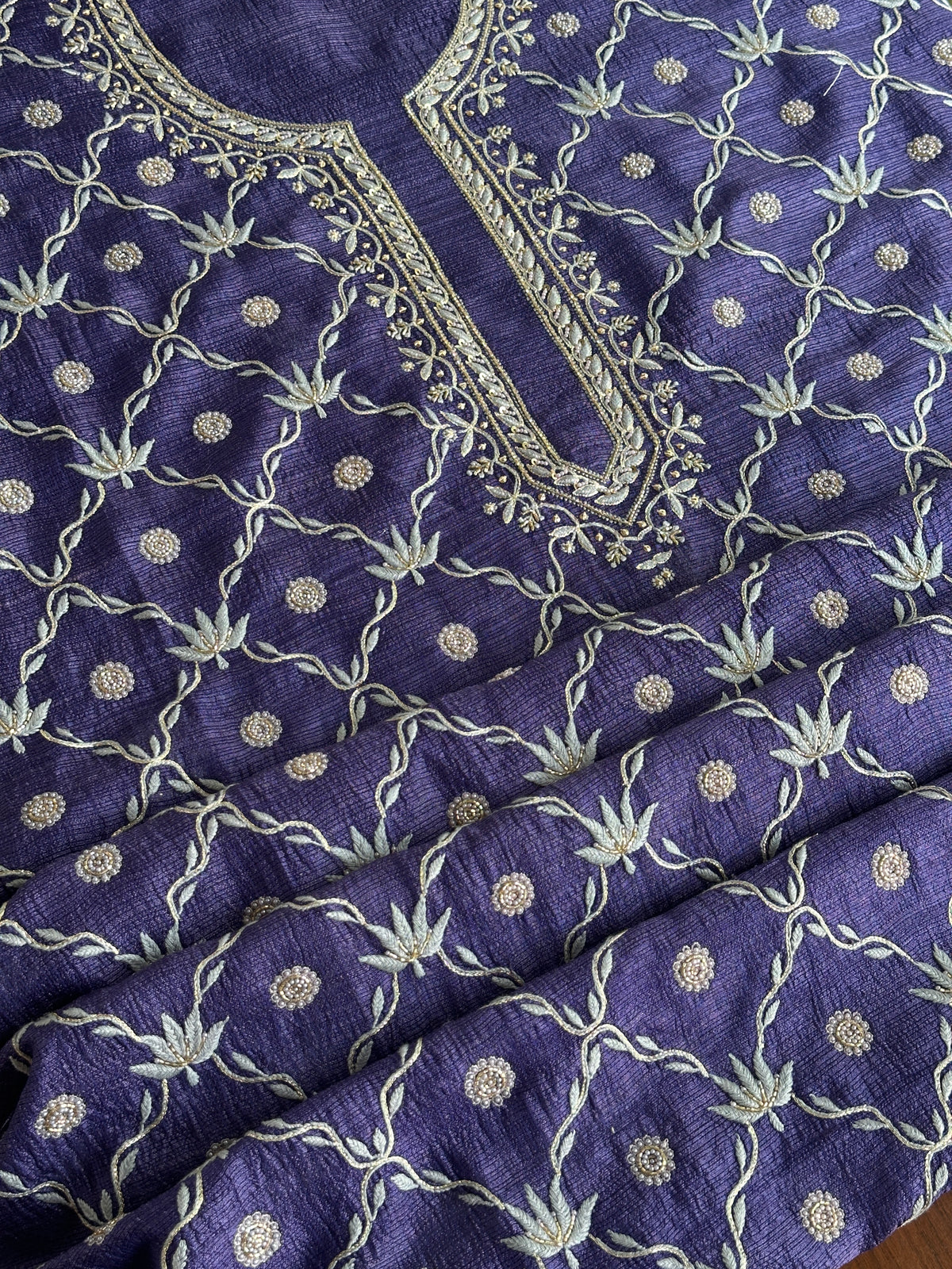 Muted Purple Tussar Kota Chikankari Kurta set fabric