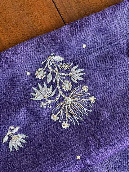 Muted Purple Tussar Kota Chikankari Kurta set fabric