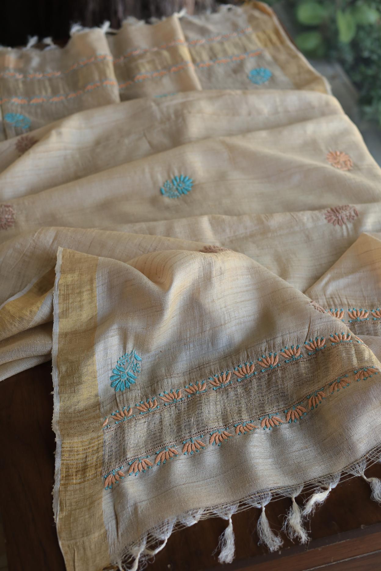 Natural Tussar Resham Chikankari Unstitched Kurta Dupatta Set