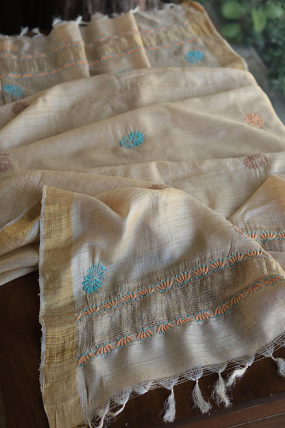 Natural Tussar Resham Chikankari Unstitched Kurta Dupatta Set