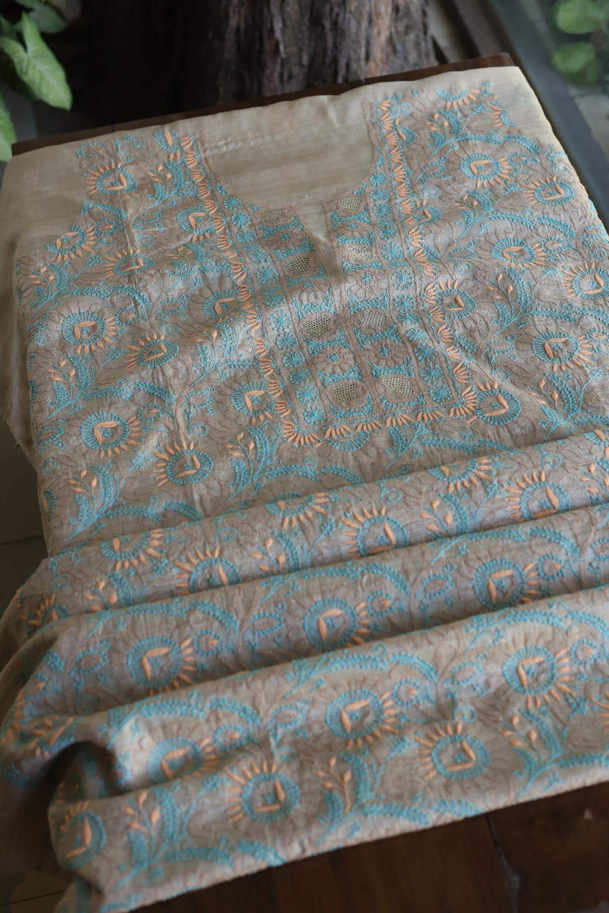 Natural Tussar Resham Chikankari Unstitched Kurta Dupatta Set
