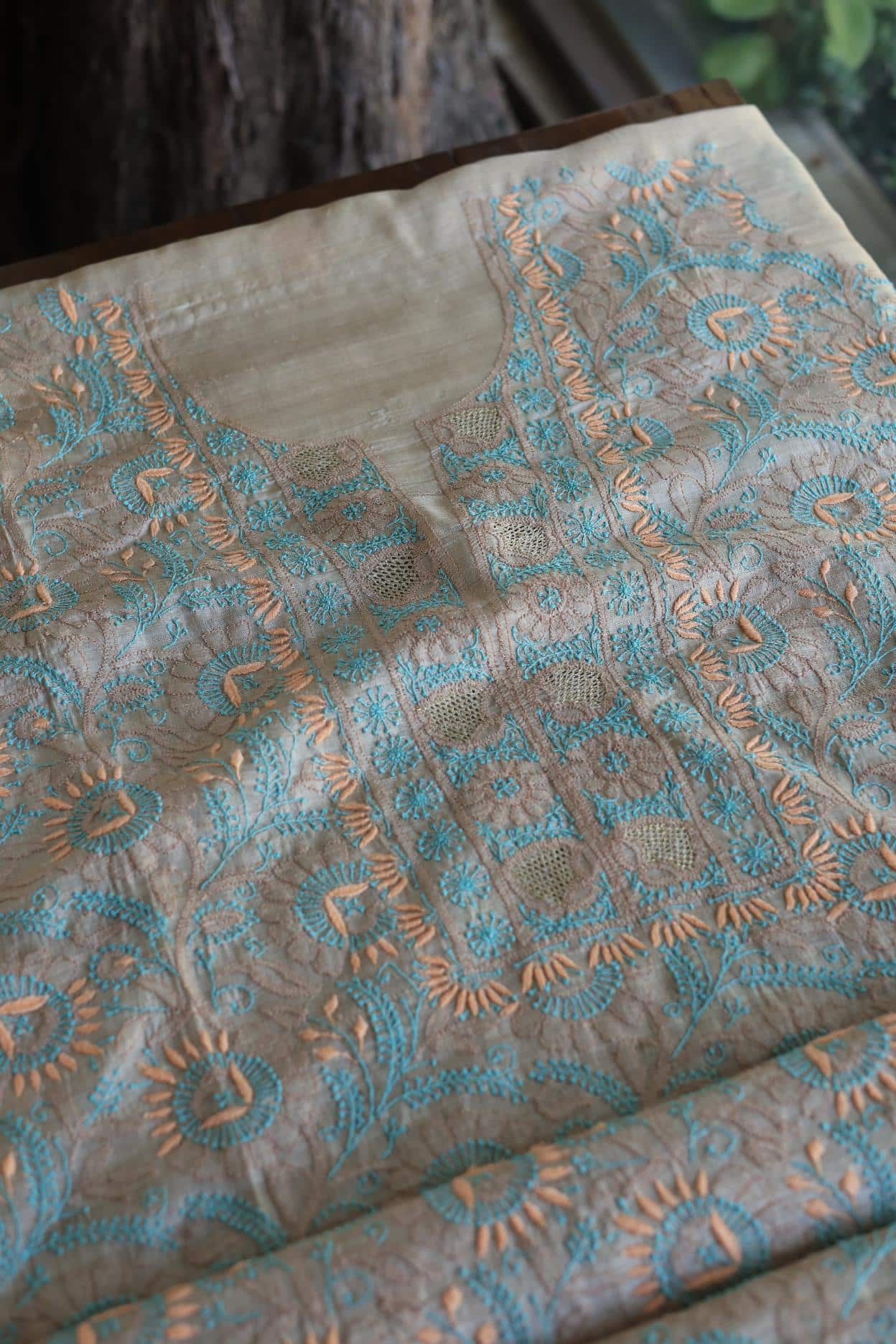 Natural Tussar Resham Chikankari Unstitched Kurta Dupatta Set