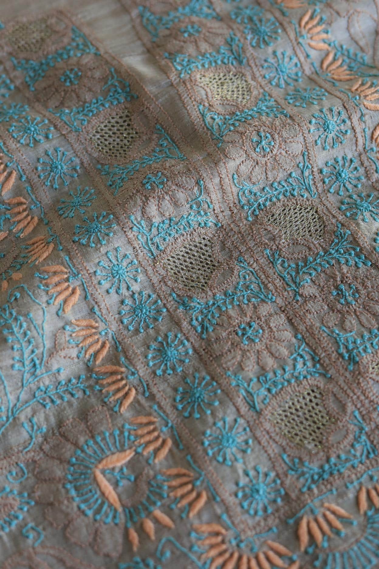 Natural Tussar Resham Chikankari Unstitched Kurta Dupatta Set
