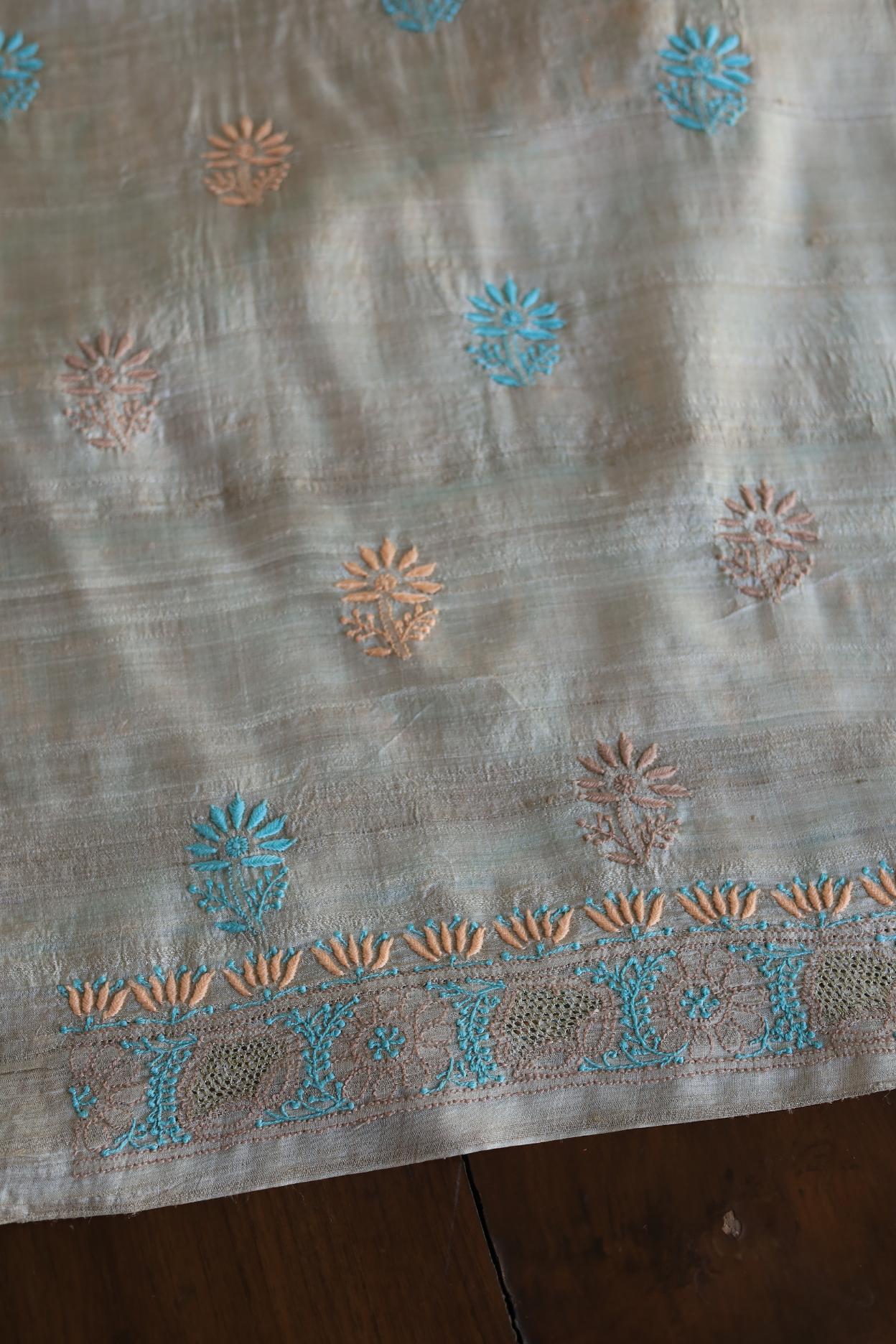 Natural Tussar Resham Chikankari Unstitched Kurta Dupatta Set