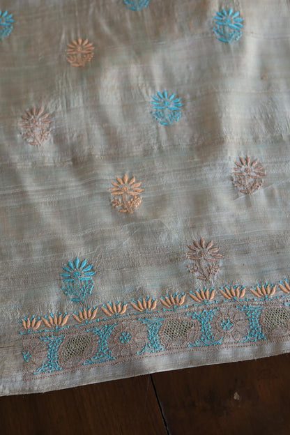Natural Tussar Resham Chikankari Unstitched Kurta Dupatta Set
