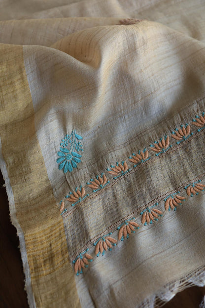 Natural Tussar Resham Chikankari Unstitched Kurta Dupatta Set