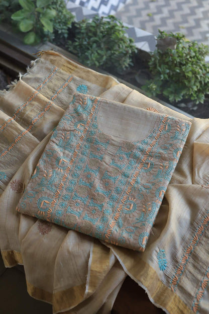 Natural Tussar Resham Chikankari Unstitched Kurta Dupatta Set