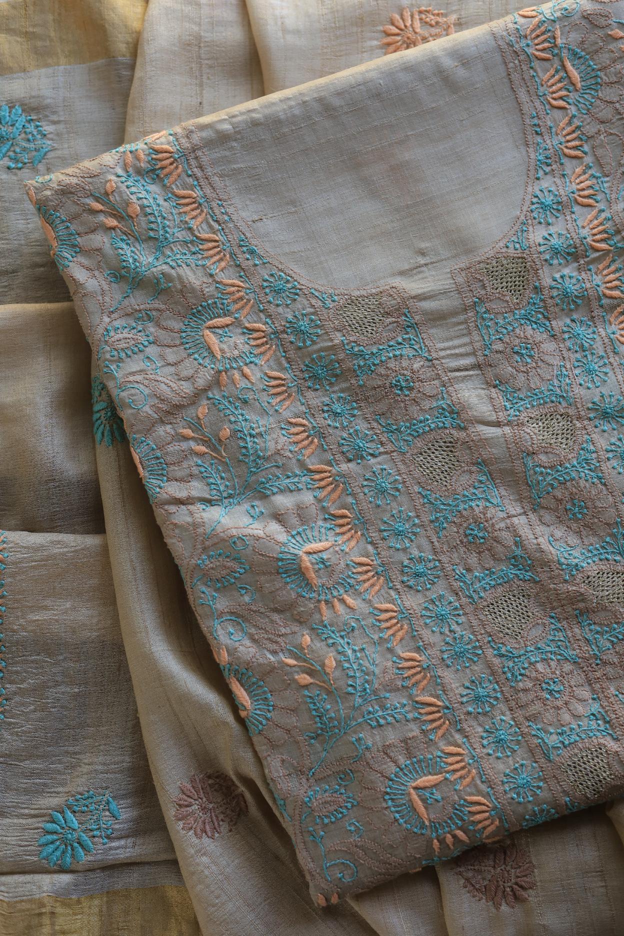 Natural Tussar Resham Chikankari Unstitched Kurta Dupatta Set