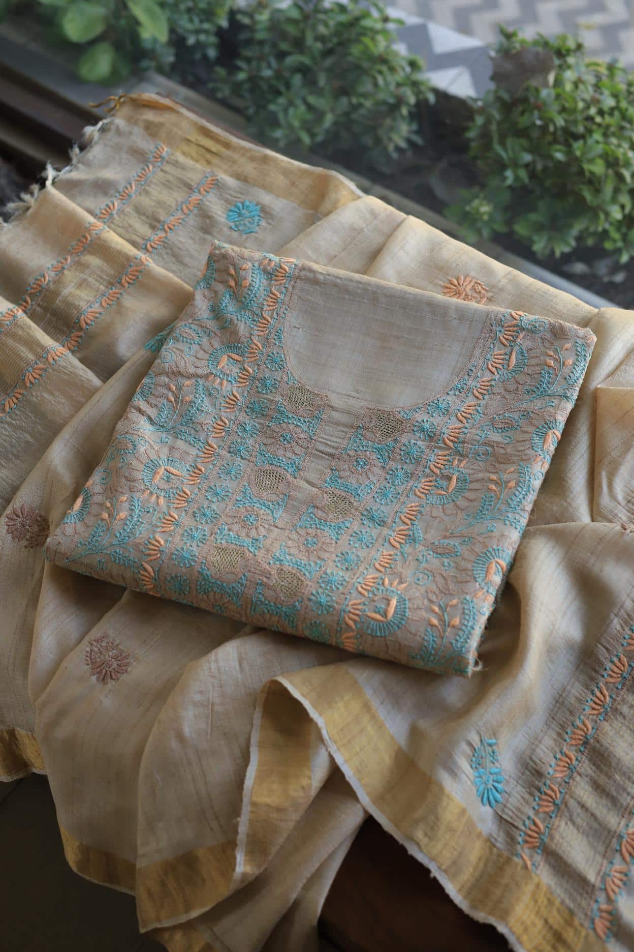 Natural Tussar Resham Chikankari Unstitched Kurta Dupatta Set