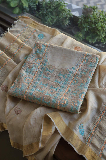 Natural Tussar Resham Chikankari Unstitched Kurta Dupatta Set