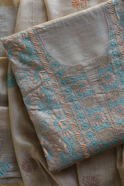 Natural Tussar Resham Chikankari Unstitched Kurta Dupatta Set
