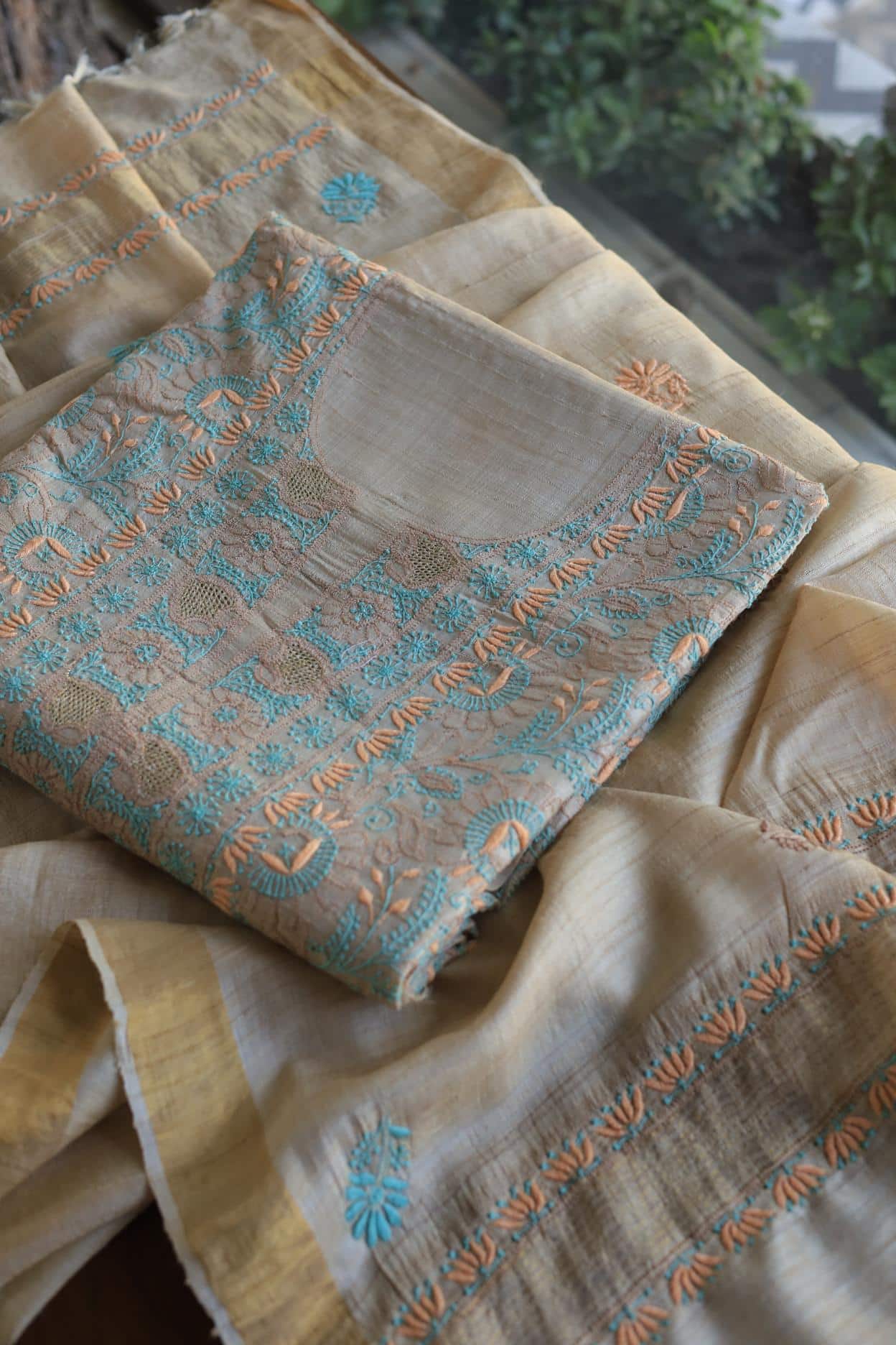 Natural Tussar Resham Chikankari Unstitched Kurta Dupatta Set