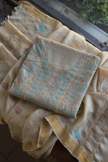 Natural Tussar Resham Chikankari Unstitched Kurta Dupatta Set
