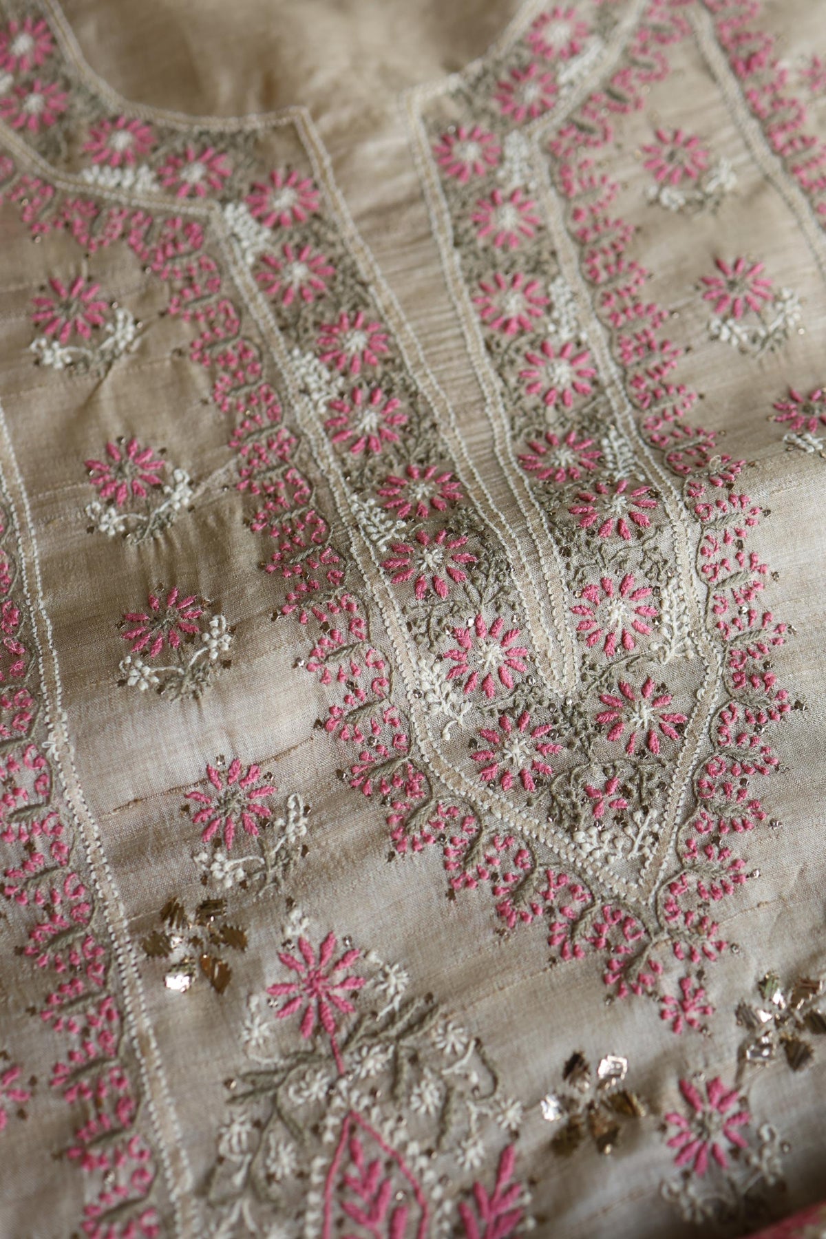 Natural Beige Chikankari & Mukaish Kamdani Unstitched Kurta Dupatta Set