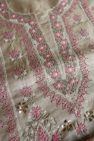 Natural Beige Chikankari & Mukaish Kamdani Unstitched Kurta Dupatta Set