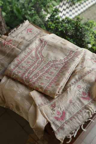 Natural Beige Chikankari & Mukaish Kamdani Unstitched Kurta Dupatta Set