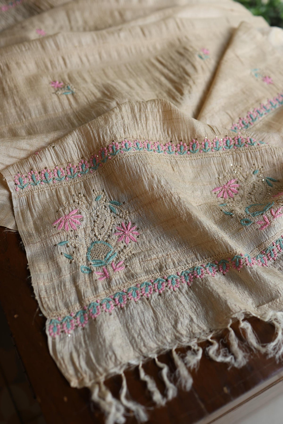 Natural Beige Chikankari & Mukaish Kamdani Unstitched Kurta Dupatta Set