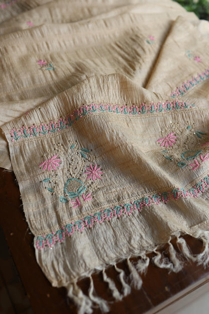 Natural Beige Chikankari & Mukaish Kamdani Unstitched Kurta Dupatta Set