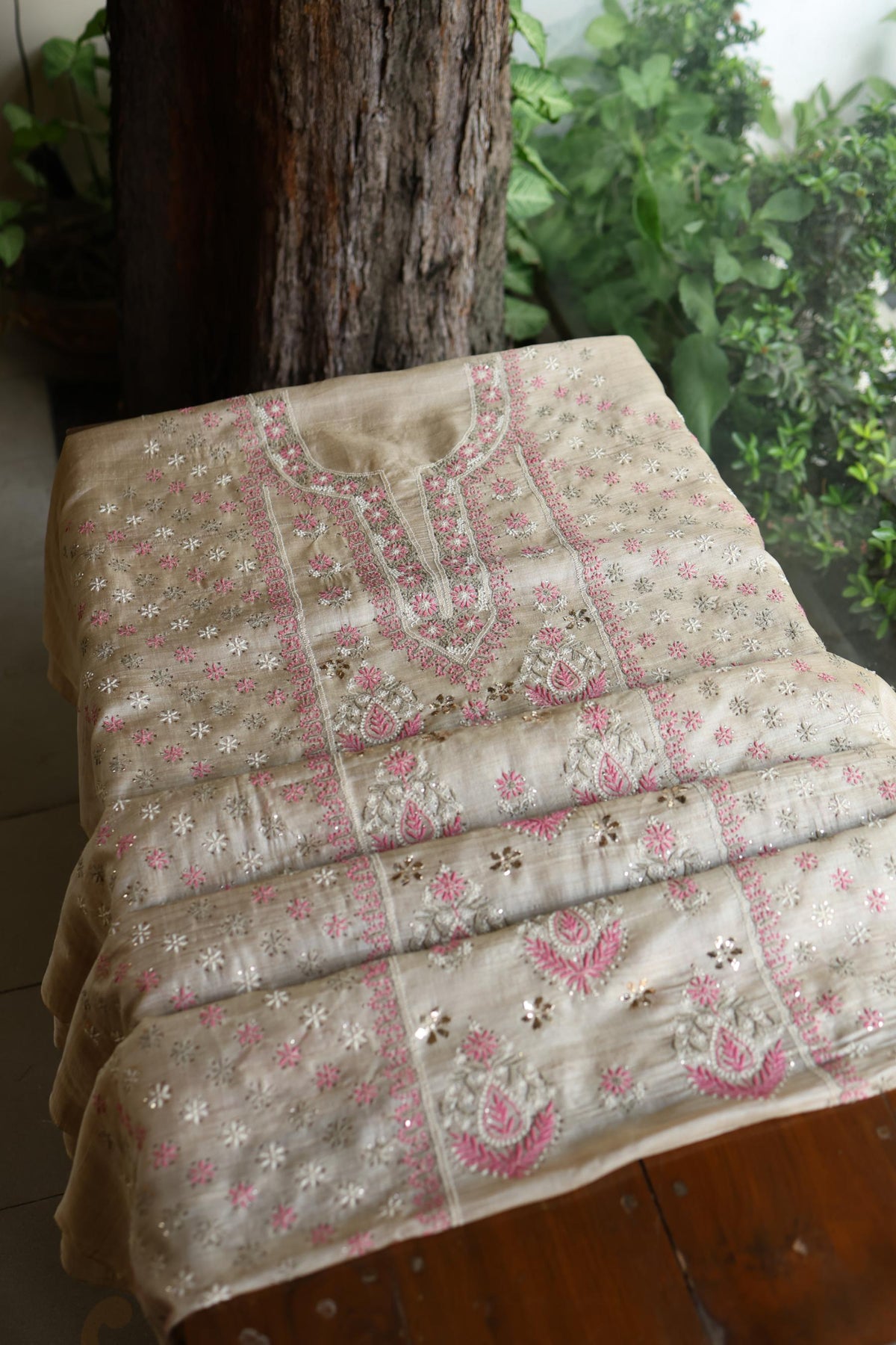 Natural Beige Chikankari & Mukaish Kamdani Unstitched Kurta Dupatta Set