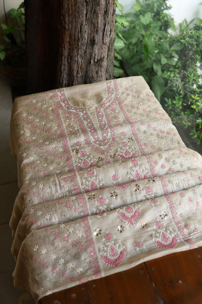 Natural Beige Chikankari & Mukaish Kamdani Unstitched Kurta Dupatta Set