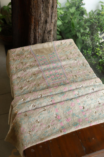 Natural Beige Chikankari & Mukaish Kamdani Unstitched Kurta Dupatta Set
