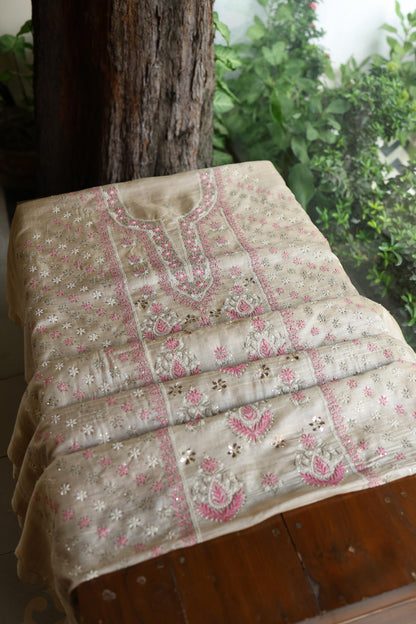 Natural Beige Chikankari & Mukaish Kamdani Unstitched Kurta Dupatta Set