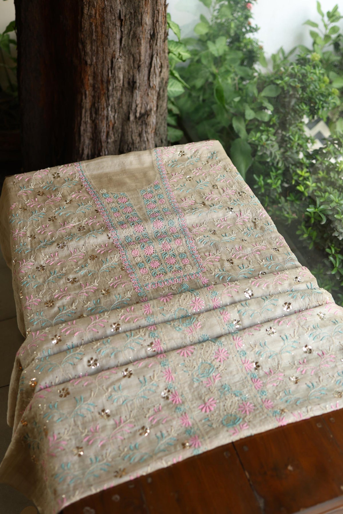 Natural Beige Chikankari & Mukaish Kamdani Unstitched Kurta Dupatta Set