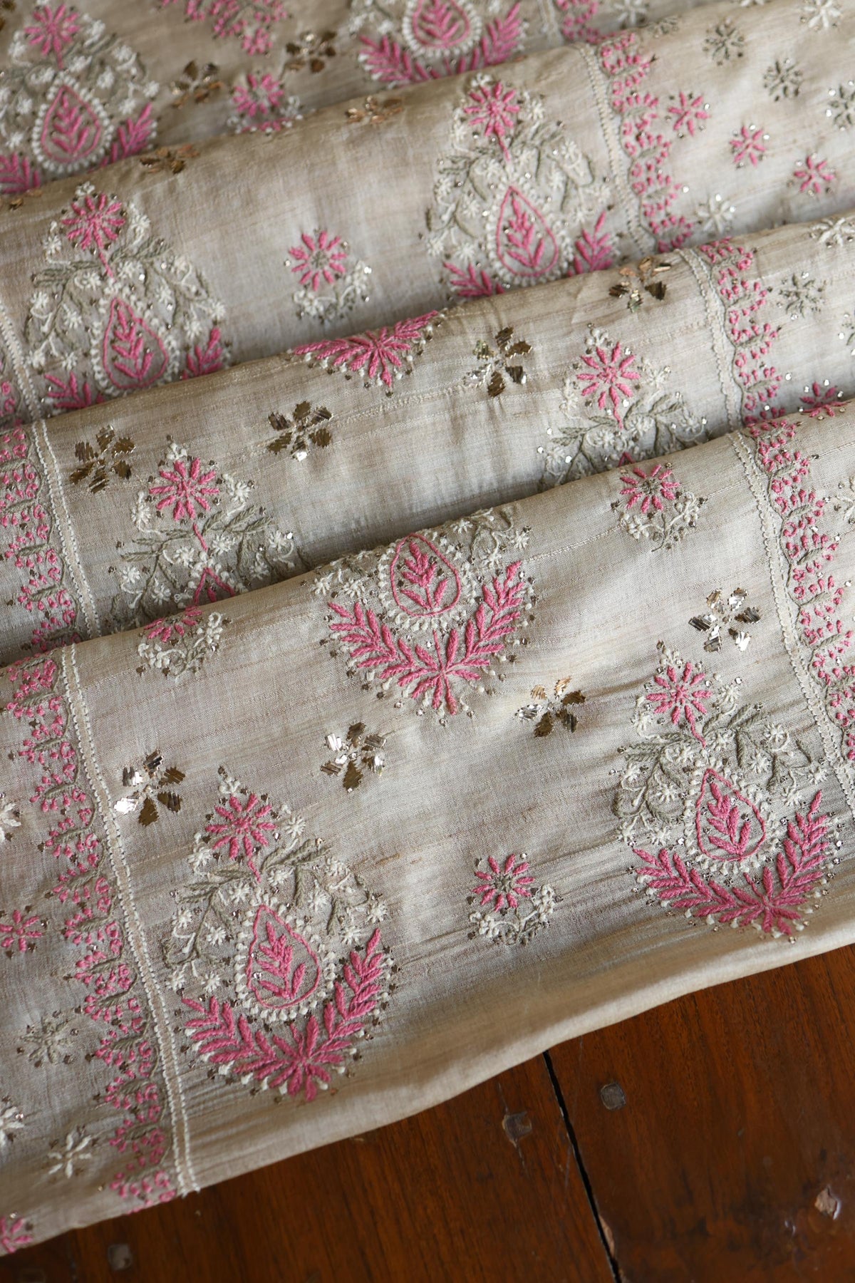 Natural Beige Chikankari & Mukaish Kamdani Unstitched Kurta Dupatta Set