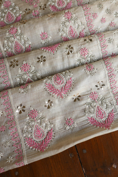 Natural Beige Chikankari & Mukaish Kamdani Unstitched Kurta Dupatta Set