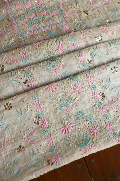 Natural Beige Chikankari & Mukaish Kamdani Unstitched Kurta Dupatta Set