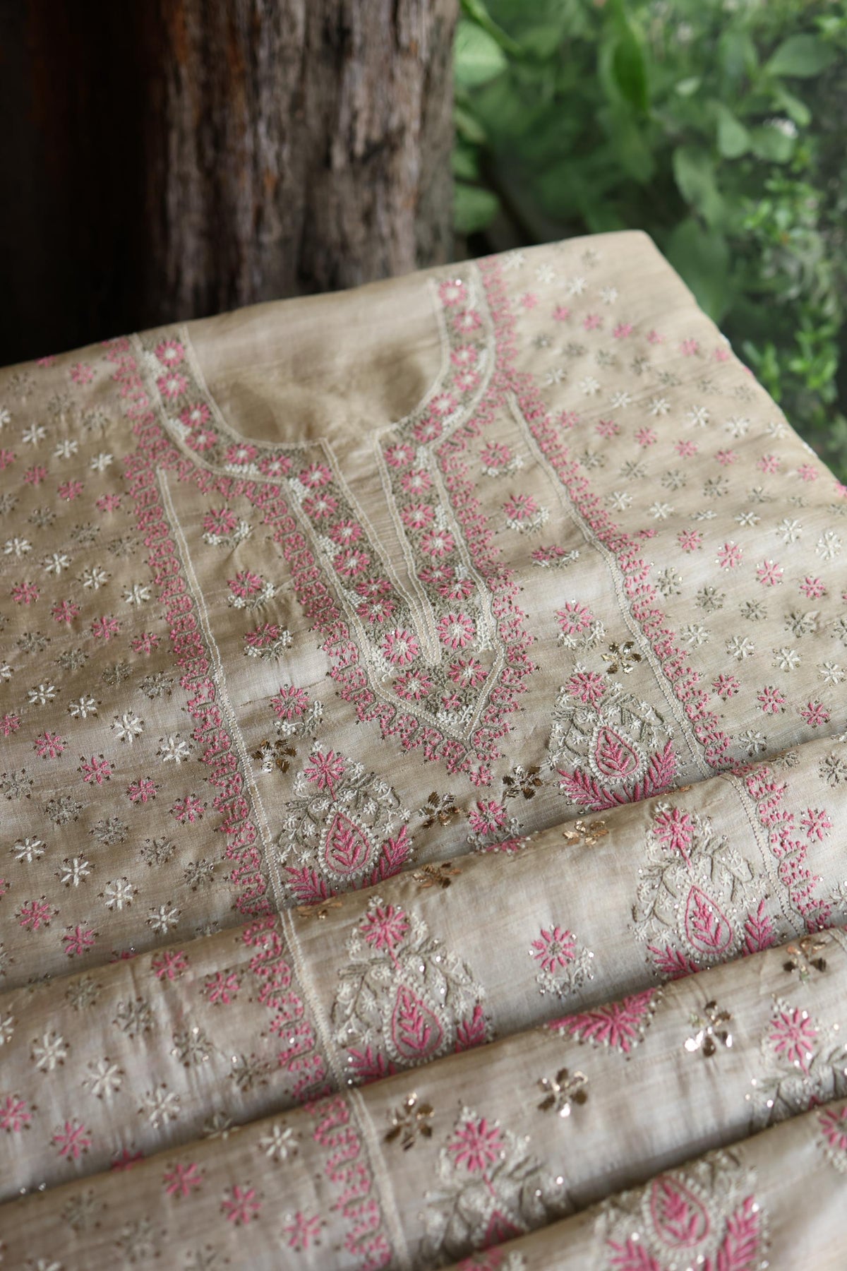 Natural Beige Chikankari & Mukaish Kamdani Unstitched Kurta Dupatta Set