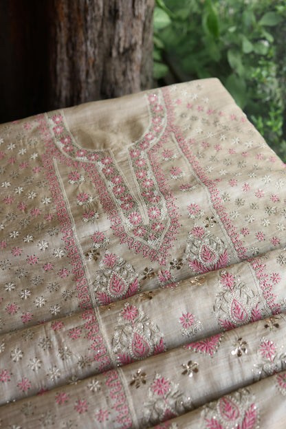 Natural Beige Chikankari & Mukaish Kamdani Unstitched Kurta Dupatta Set