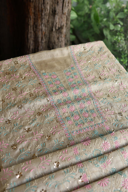 Natural Beige Chikankari & Mukaish Kamdani Unstitched Kurta Dupatta Set