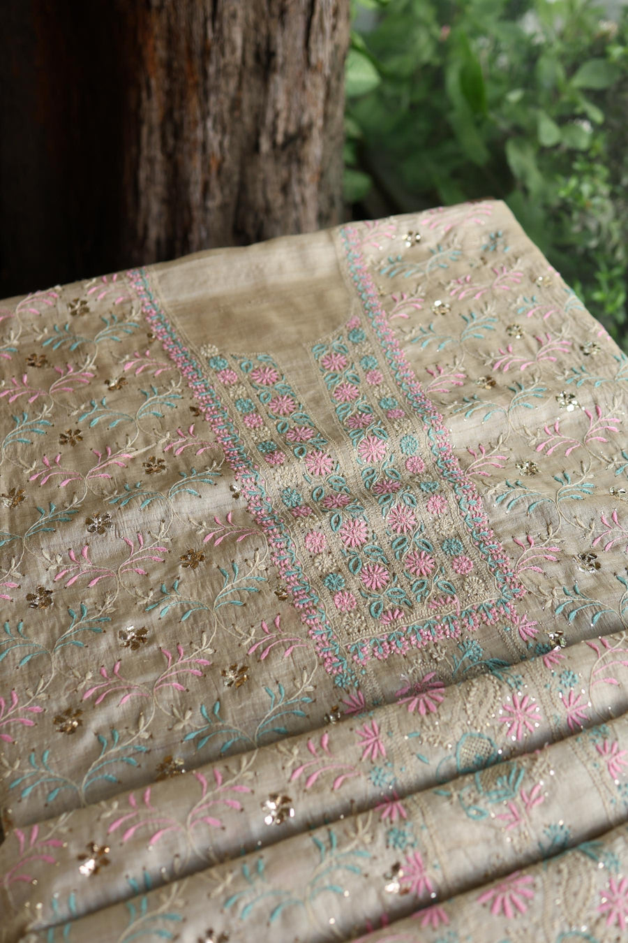 Natural Beige Chikankari & Mukaish Kamdani Unstitched Kurta Dupatta Set