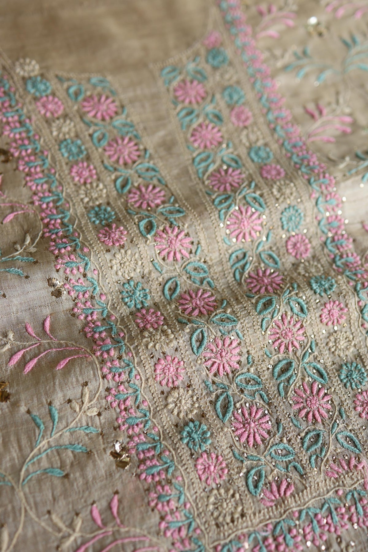 Natural Beige Chikankari & Mukaish Kamdani Unstitched Kurta Dupatta Set
