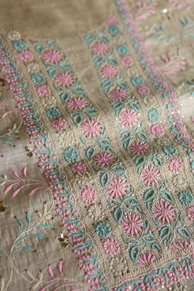 Natural Beige Chikankari & Mukaish Kamdani Unstitched Kurta Dupatta Set