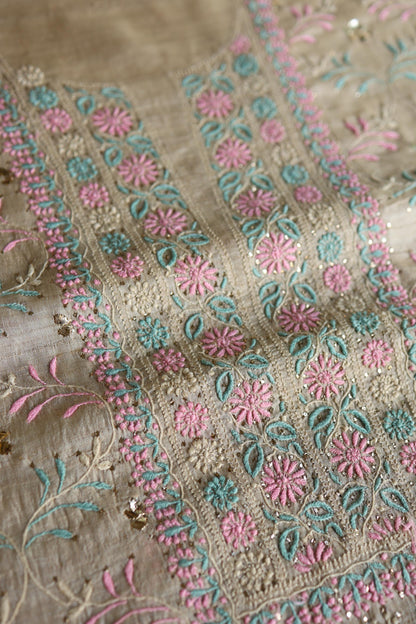 Natural Beige Chikankari & Mukaish Kamdani Unstitched Kurta Dupatta Set