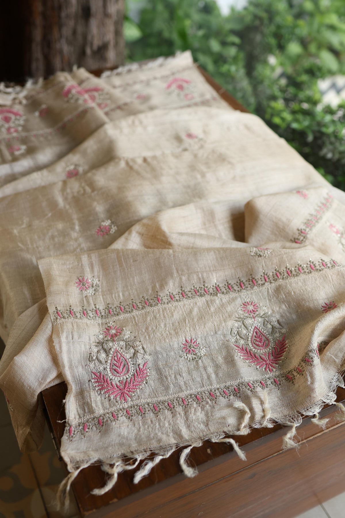 Natural Beige Chikankari & Mukaish Kamdani Unstitched Kurta Dupatta Set