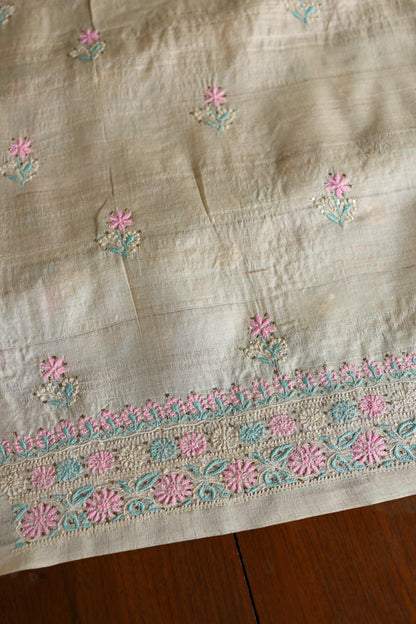 Natural Beige Chikankari & Mukaish Kamdani Unstitched Kurta Dupatta Set