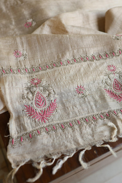 Natural Beige Chikankari & Mukaish Kamdani Unstitched Kurta Dupatta Set