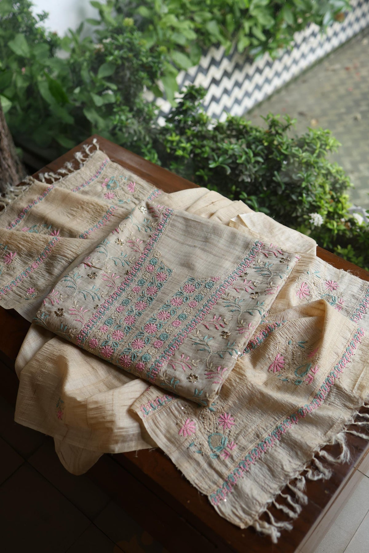 Natural Beige Chikankari & Mukaish Kamdani Unstitched Kurta Dupatta Set