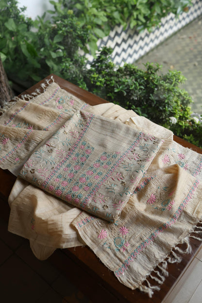 Natural Beige Chikankari & Mukaish Kamdani Unstitched Kurta Dupatta Set