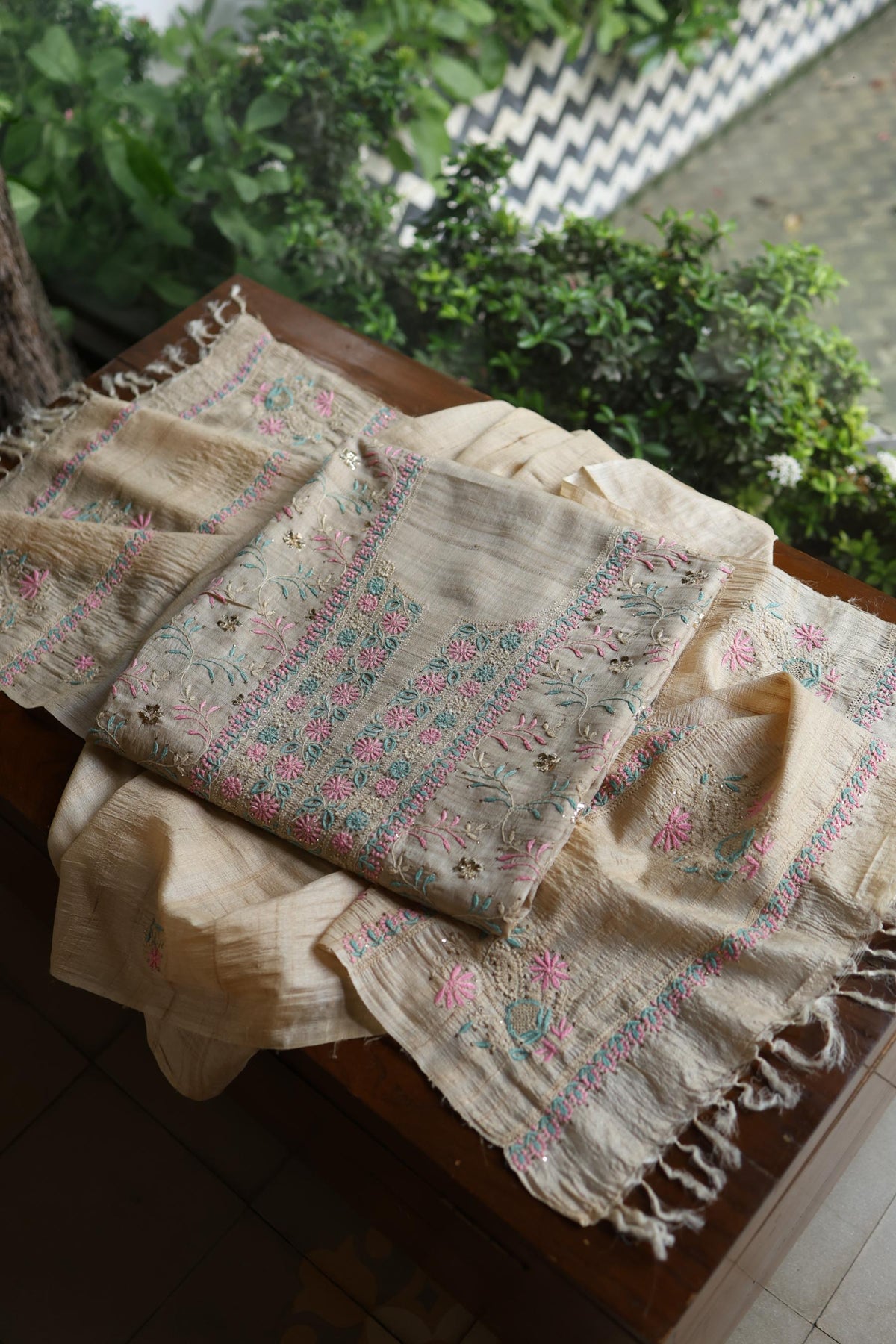 Natural Beige Chikankari & Mukaish Kamdani Unstitched Kurta Dupatta Set