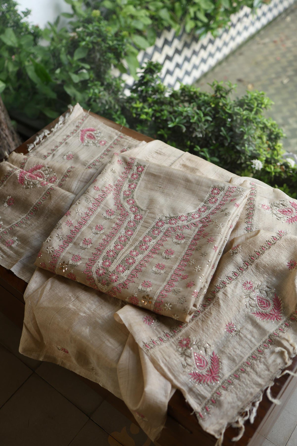 Natural Beige Chikankari & Mukaish Kamdani Unstitched Kurta Dupatta Set