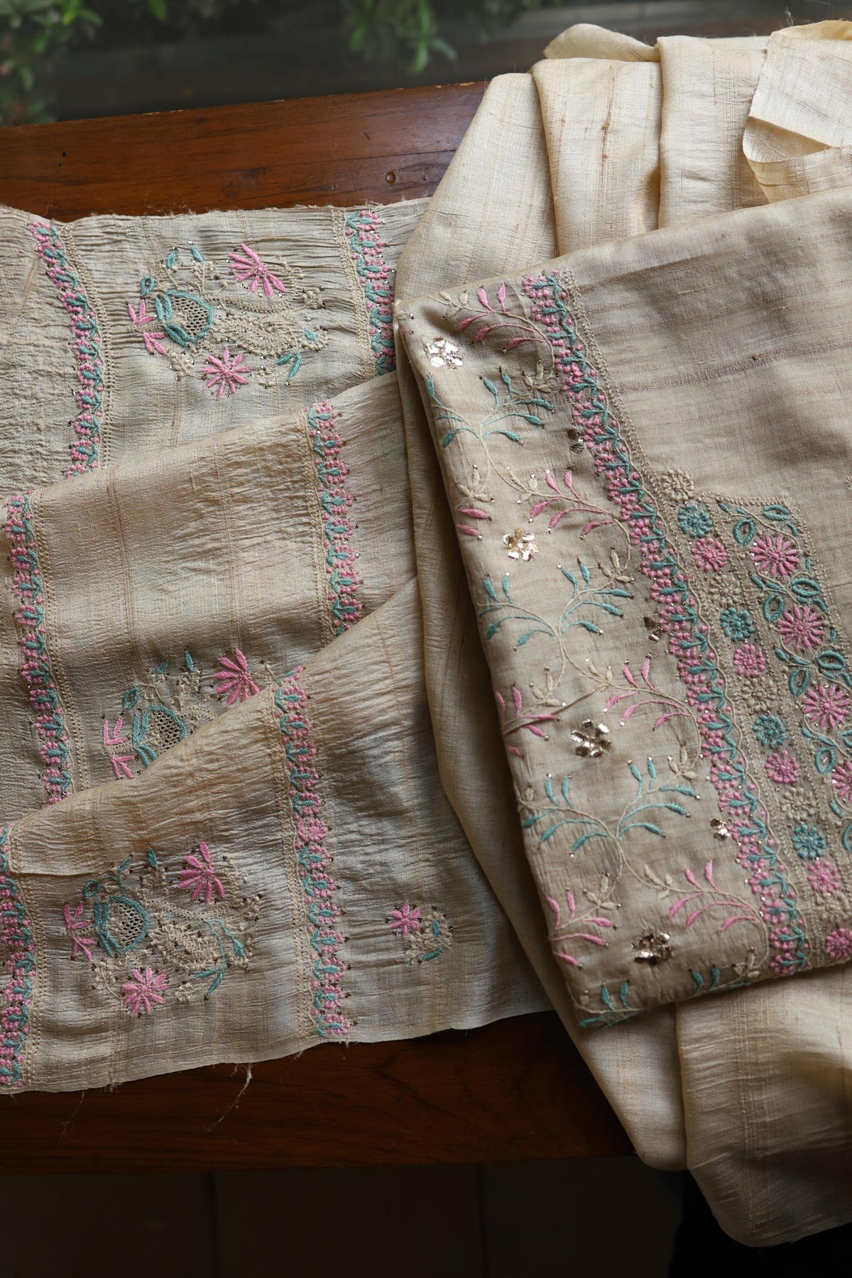 Natural Beige Chikankari & Mukaish Kamdani Unstitched Kurta Dupatta Set